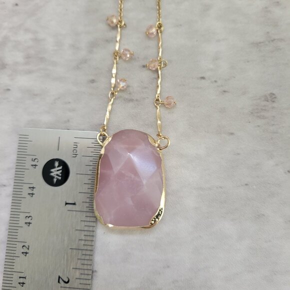 Gold Tone Necklace Faceted Rose Quartz Pendant Crystal Beads Layered Chain 18in - Picture 7 of 10